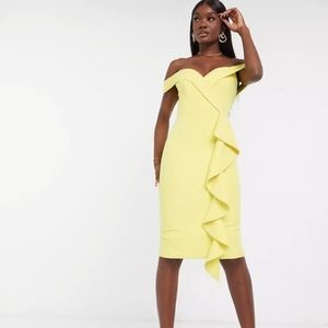 Lavish Alice bardot ruffle midi dress in yellow
